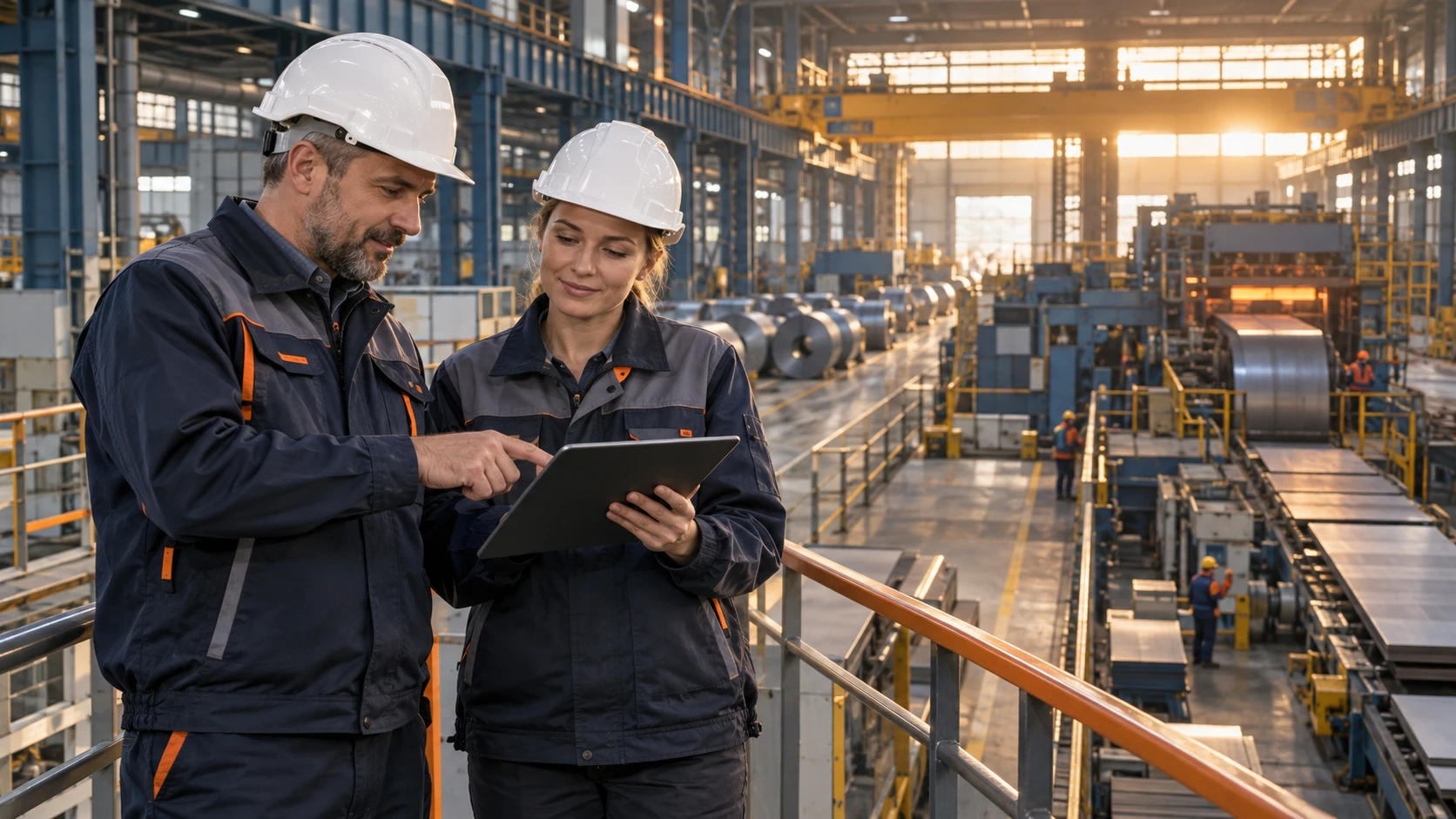 Deux professionnels partagent les informations du projet sur une tablette dans un atelier industriel