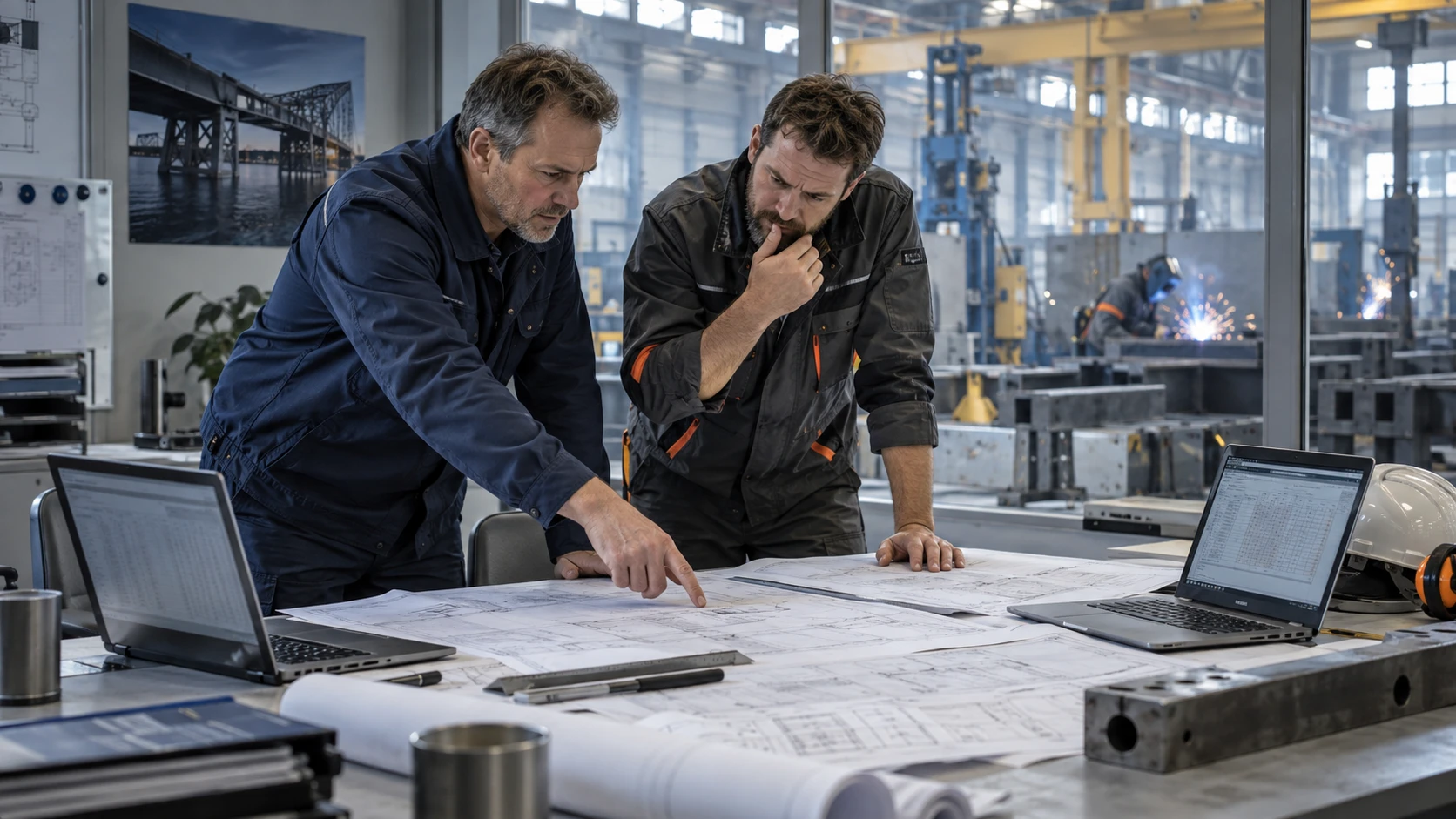 Deux professionnels industriels confrontent des plans et des informations dispersées sur plusieurs ordinateurs